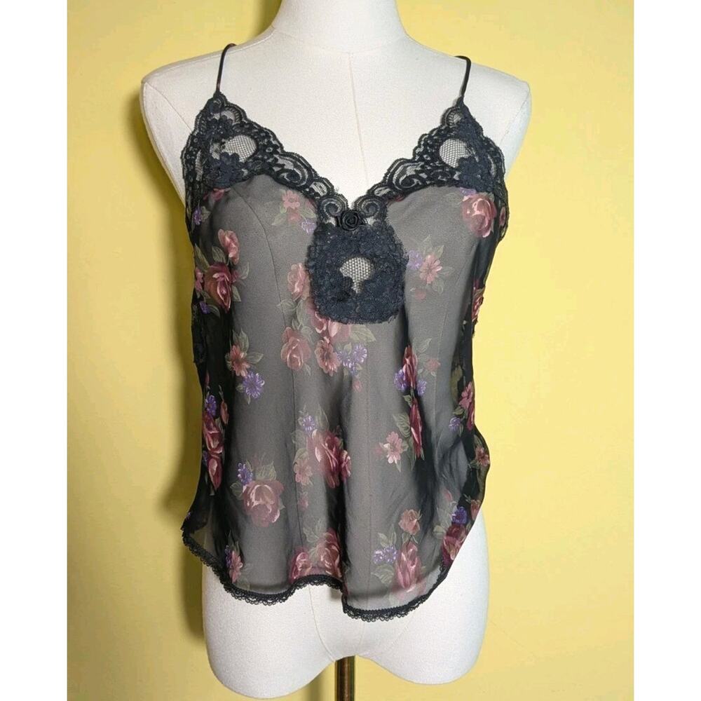 Vintage Sheer Floral Lace Crop Cami Top Black Mesh Rose Y2K Romantic Appx M